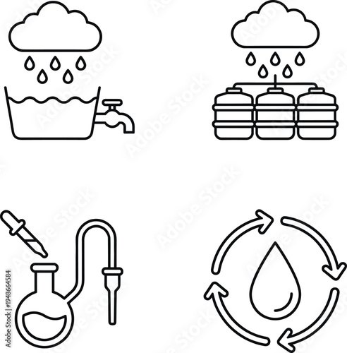 Photos Water purification and rainwater harvesting icon set featuring filtration recycl