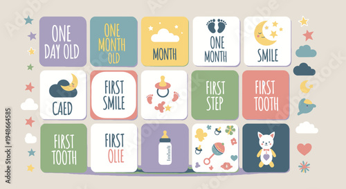 Baby milestone stickers, vector icons set, first year markers, child development trackers