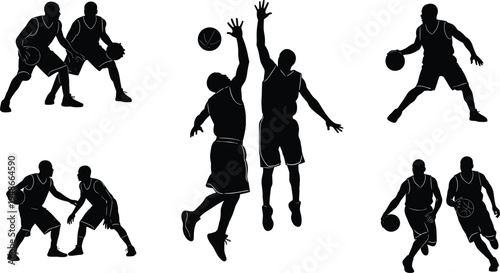 Black and white silhouette illustration of basketball players in dynamic action poses, symbolizing sports, competition, athletic movement, teamwork, game play, and creative artwork projects