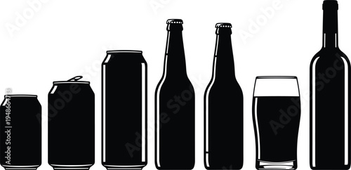Black silhouette illustration of beverage containers including cans, bottles, and glass, symbolizing drink packaging, consumption habits, product design, branding, and creative artwork projects