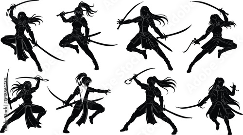 Black silhouette illustration of eight female warriors in dynamic combat poses with swords, symbolizing strength, agility, fantasy character design, martial arts, and creative artwork projects