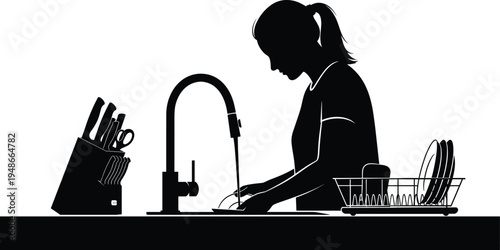 Black silhouette illustration of person washing dishes at kitchen sink with faucet, dish rack, and knife block, artwork concept for chores, cleaning, domestic life, and design projects
