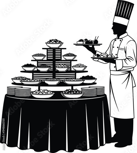 Chef serving buffet table with assorted dishes and desserts silhouette, catering service concept with professional cook presenting food at banquet event isolated