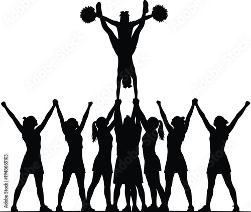 Cheerleader team pyramid silhouette vector illustration with female athletes performing stunt, pom pom dance group isolated on white background sports cheerleading concept