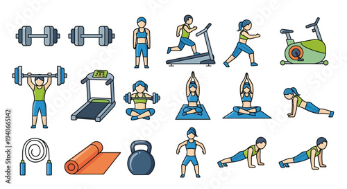 Set of 16 fitness icons vector, workout illustrations
