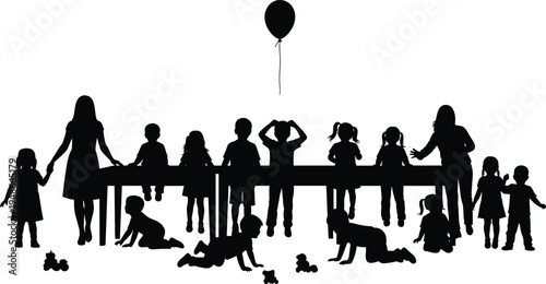 Children and teacher playing together in kindergarten classroom silhouette with kids sitting, crawling and standing around table, playful childhood education scene isolated