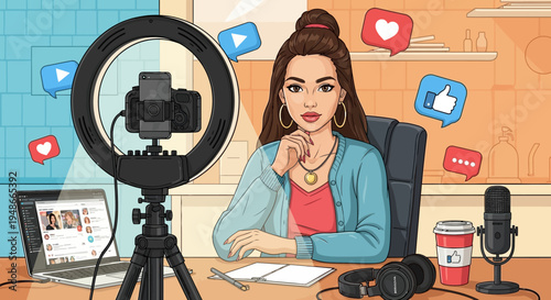 Vector illustration of woman recording video for social media