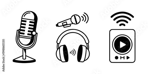 a microphone, headphones and a portable media player Vector