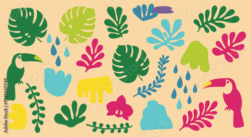 Tropical jungle elements with toucans and exotic leaves