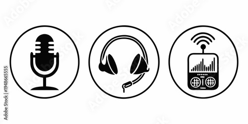 podcast icons with microphone, headphones, and audio player Vector