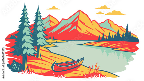 a red canoe sits on the shore of a lake with mountains in the background Vector