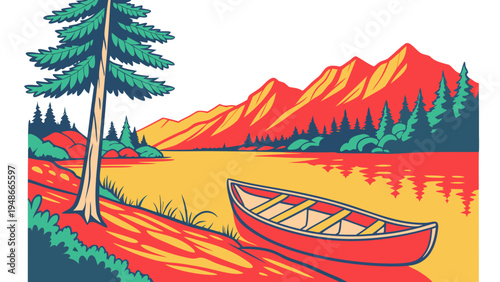 a red canoe sitting on the shore of a lake Vector