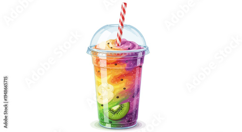 Vector illustration of colorful drink with straw and fruit