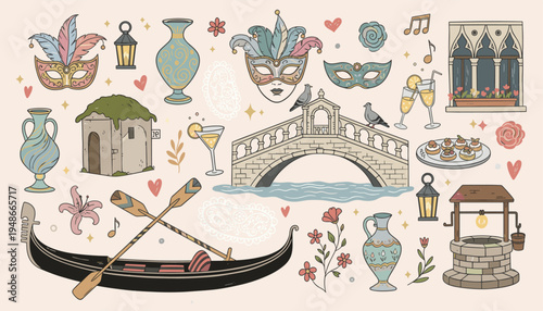 Venice Italy travel elements collection with gondola and carnival masks