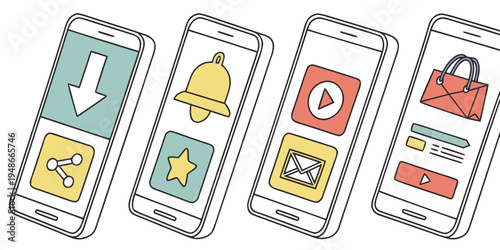 four smartphones with different colorful app icons on their screens Vector