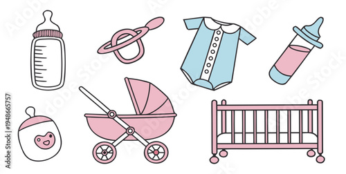 Baby items for newborn care and nursery Vector