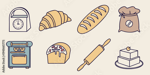 a collection of baking icons including a scale and pastries Vector