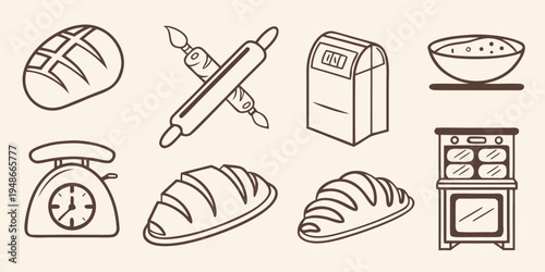 a collection of baking related objects and food Vector