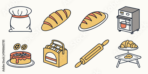 a set of baking icons including food and tools Vector