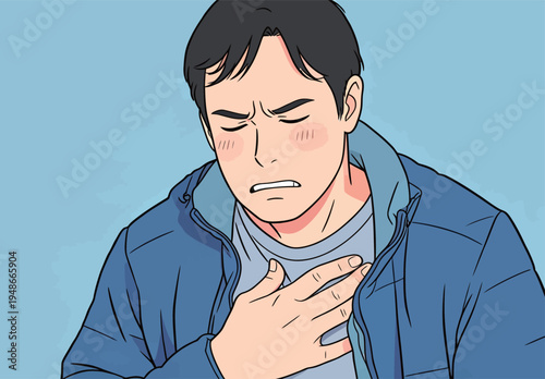 Person holding chest in distress due to breathing problem in a light blue setting
