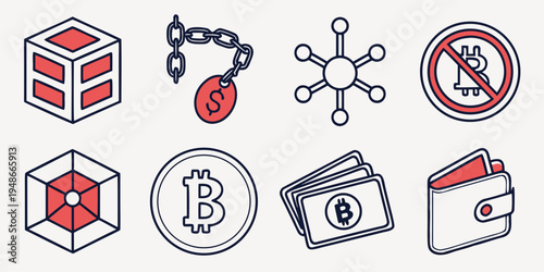 Cryptocurrency and blockchain related icons Vector
