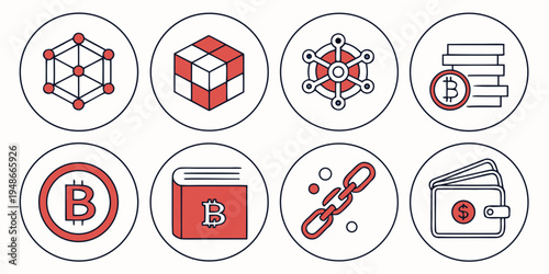 a collection of cryptocurrency and blockchain related icons Vector