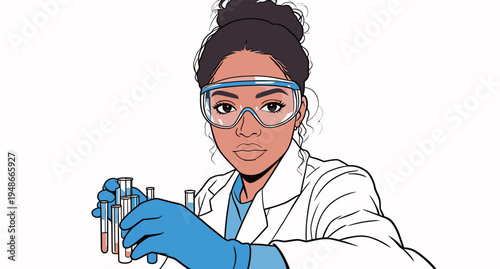 Young woman in lab coat holds test tubes in laboratory setting during daytime