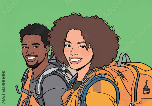 Two people with backpacks smile while preparing for an outdoor adventure in a bright setting