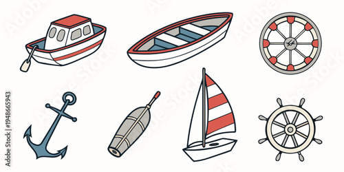 a collection of nautical icons including boats and ship parts Vector