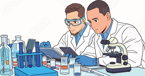 Two scientists work together in a lab, studying data and conducting experiments with various lab equipment