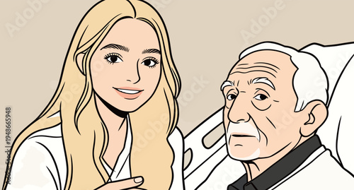 Caregiver smiles while assisting elderly man in hospital room during daytime visit