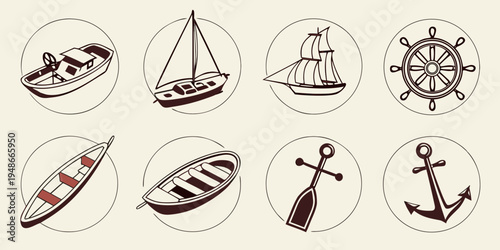 a collection of nautical icons including boats and ships Vector