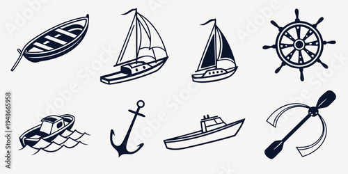 a collection of nautical icons including boats and sailing equipment Vector