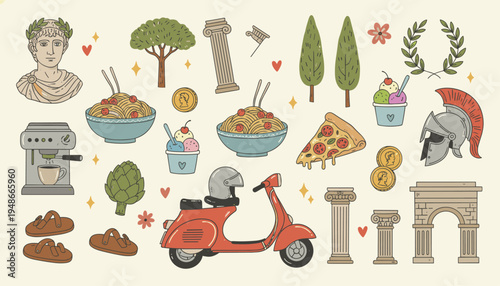 Hand drawn Italy travel elements set with food and landmarks
