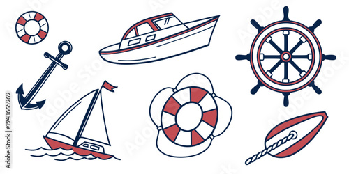 a collection of nautical icons including a boat and life preserver Vector