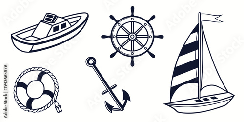 a collection of nautical icons including a sailboat anchor and lifebuoy Vector