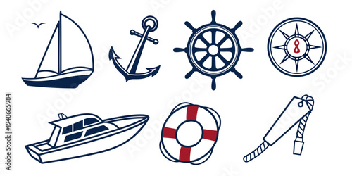 a collection of nautical icons including a sailboat and ship wheel Vector