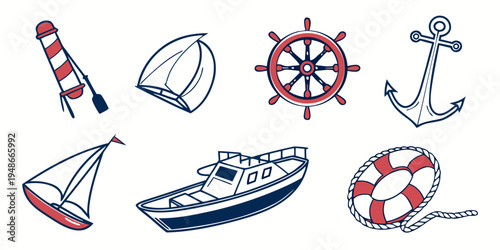 a collection of nautical icons including a lighthouse and boat Vector