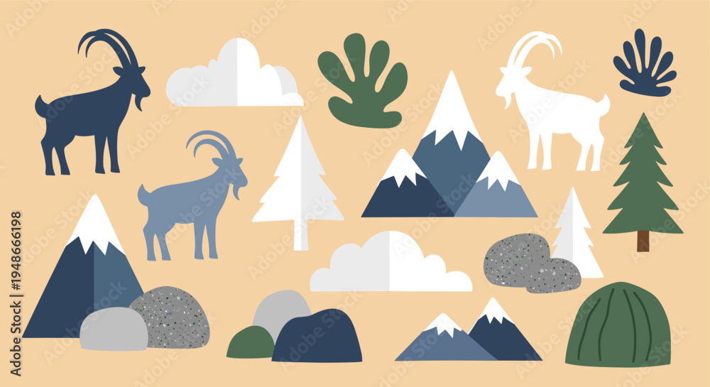 Naklejka premium Mountain landscape elements with goats and nature icons