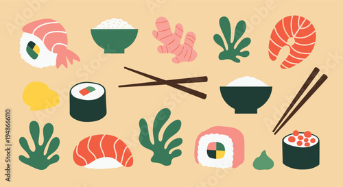 Hand drawn sushi set with rice and chopsticks on beige background