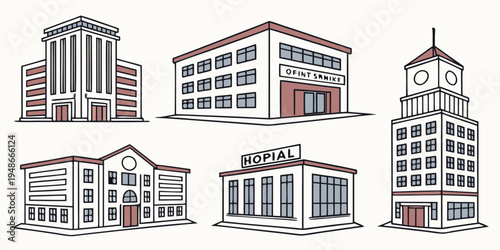 Five different office buildings with red and white details Vector
