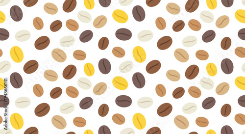 Colorful coffee beans scattered in a seamless repeating pattern on a clean white background. Minimal flat