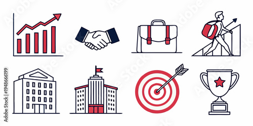 business icons including graph, handshake, shirt, archer, buildings, target, and trophy Vector