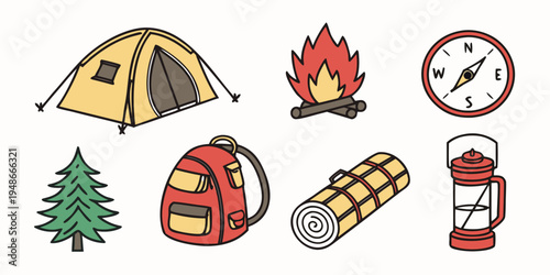 camping gear and accessories for outdoor adventure Vector