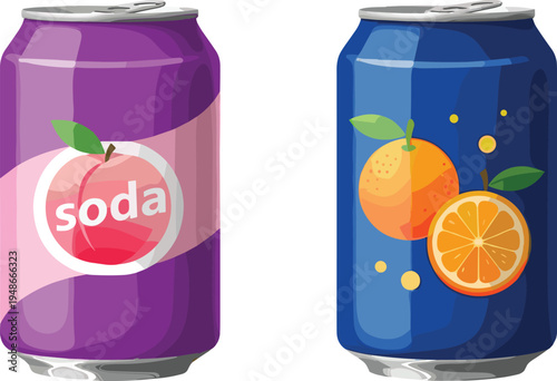 Colorful soda can illustration featuring peach and orange fruit designs with vibrant labels, symbolizing beverage packaging, branding, product design, marketing, and creative artwork projects