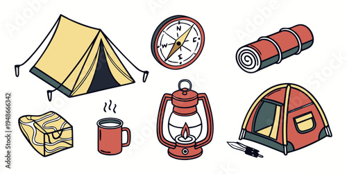 camping gear and equipment for outdoor adventure Vector