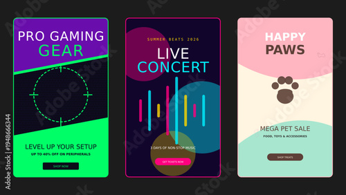 Modern mobile app screens with geometric shapes and vibrant colors for pro gaming, live concert, and pet sale promotions