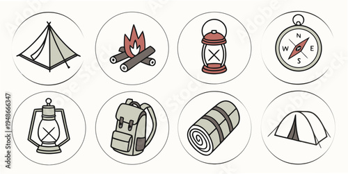 a set of camping icons including a tent and a compass Vector