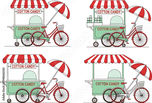 Cotton candy street cart with bicycle vector illustration set, colorful carnival sweet food vendor kiosk design isolated on white background