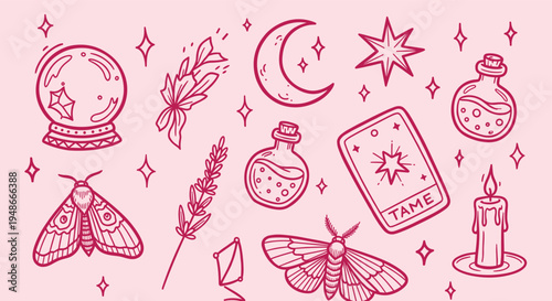 Mystical Esoteric Elements Collection with Celestial Symbols and Magic Objects